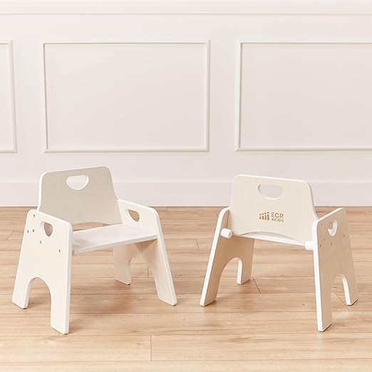 ECR4Kids Stackable Wooden Toddler Chair, 10in, Kids Furniture, White Wash, 2-Pack - LeafyLoom