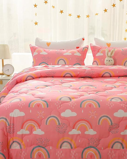 Kids Rainbow Comforter Set for Girls Teens Full Size 7 Piece Cloud Sun Pink Bedding Set 3D Cute Cartoon Love Hearts Bed in a Bag - LeafyLoom