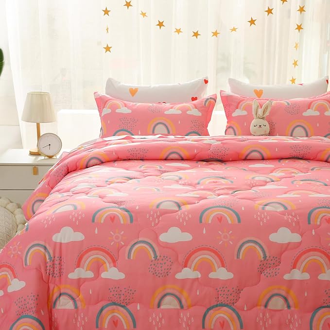Kids Rainbow Comforter Set for Girls Teens Full Size 7 Piece Cloud Sun Pink Bedding Set 3D Cute Cartoon Love Hearts Bed in a Bag - LeafyLoom