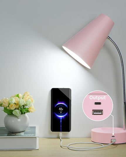 RUNTOP Pink Desk Lamp, Desk Lamps for Home Office, Desk Light for Kids, Desktop/Computer Study Lamps, Bedrooms Adjustable Gooseneck Reading Lamp with USB Port, 5 Brightness Levels, 5 Color Temperature - LeafyLoom