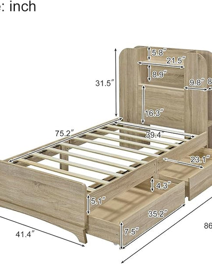 Merax Twin Size Bed Frame with Headboard and 2 Drawers,Kids Wood Platform Bed with Storage Underneath and Functional Headboard - LeafyLoom
