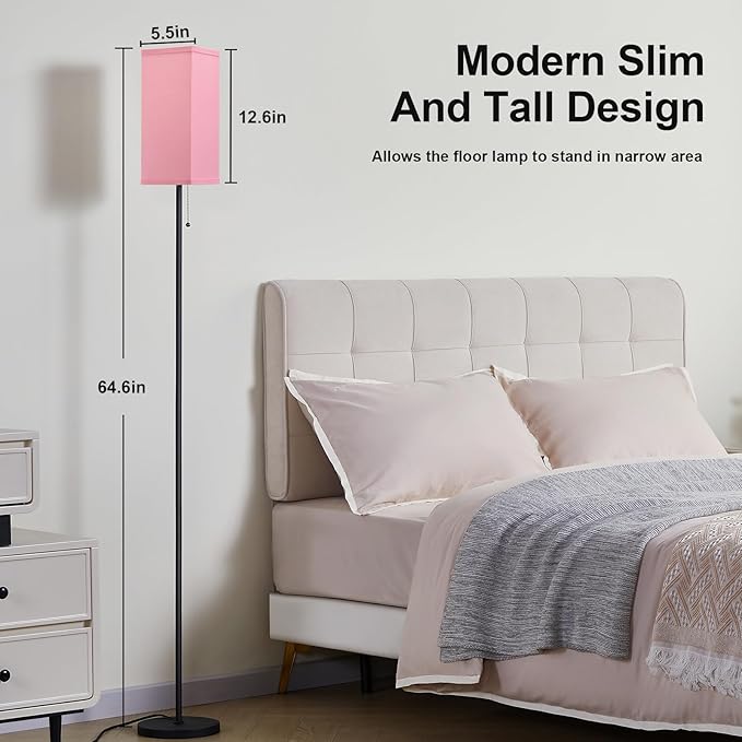 Pink Floor Lamps for Bedroom Modern- 3 Color Temperature Standing Lamps with Pull Chain Switch, Tall Lamp for Office Home Nursery and Hotel, Pole Lamp for Kids Room Reading Girls - LeafyLoom