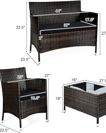 Goplus 4-Piece Rattan Patio Set, Outdoor/Indoor Wicker Conversation Set for Pool, Backyard, Lawn, Wicker Chairs and Sofa with Soft Cushion, Rattan Furniture with Tempered Glass Coffee Table - LeafyLoom