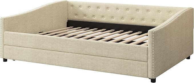 Full Size Daybed with Trundle, Linen Upholstered Tufted Sofa Day Bed Frame with Button, Waved Shape Arms & Nailhead, Wooden Slats Support for Apartment,Bedroom - LeafyLoom