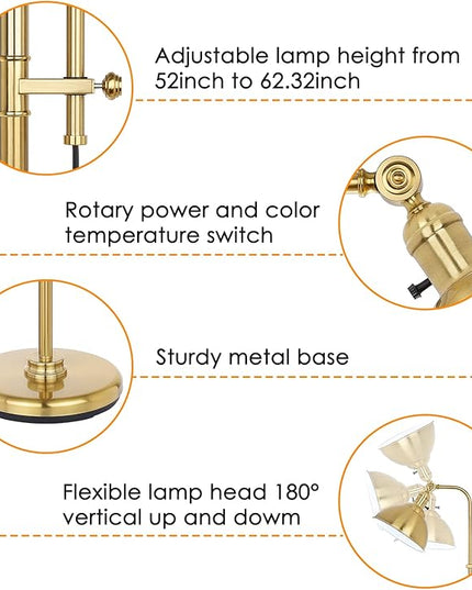 Gold Floor Lamp, 3 Color Temperature Standing Tall Pole Lamps, Adjustable Height & Head Reading Lamp, Industrial Floor lamps for Living Room, Bedroom, Office - LeafyLoom