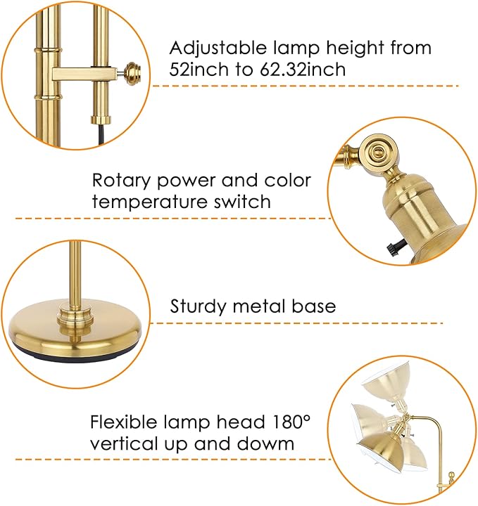 Gold Floor Lamp, 3 Color Temperature Standing Tall Pole Lamps, Adjustable Height & Head Reading Lamp, Industrial Floor lamps for Living Room, Bedroom, Office - LeafyLoom