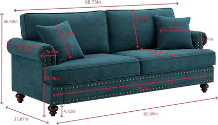 Upholstered 3-Seater Sofa with Rolled Armrest,Modern Couch with Wood Turned Legs and Nailhead Trim Design,for Living Room,Office,Lake Green - LeafyLoom