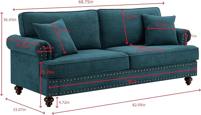 Upholstered 3-Seater Sofa with Rolled Armrest,Modern Couch with Wood Turned Legs and Nailhead Trim Design,for Living Room,Office,Lake Green - LeafyLoom