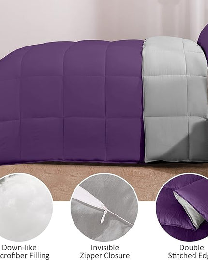 Basic Beyond Twin Comforter Set for Girls and Boys - Fluffy Twin Bed Comforter Set for All Seasons - Reversible Kids Twin Comforter Set - 2 Pieces (1 Comforter + 1 Pillow Sham) - Purple/Grey - LeafyLoom