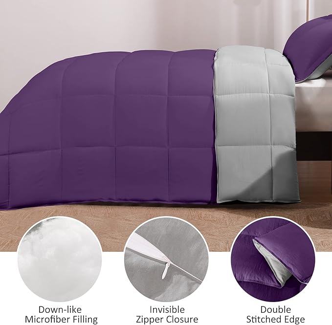Basic Beyond Twin Comforter Set for Girls and Boys - Fluffy Twin Bed Comforter Set for All Seasons - Reversible Kids Twin Comforter Set - 2 Pieces (1 Comforter + 1 Pillow Sham) - Purple/Grey - LeafyLoom