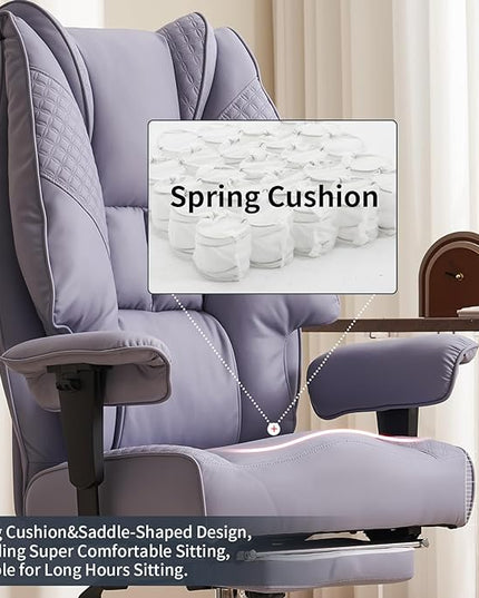 Big and Tall Office Chair 400lbs Wide Seat, Leather High Back Executive Office Chair with Foot Rest, Ergonomic Office Chair Lumbar Support for Lower Back Pain Relief (Light Purple) - LeafyLoom