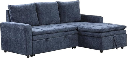 89'' L Shaped Upholstered Convertible Sleeper Sectional Sofa with Storage Chaise and Pull-Out Bed, 3-Seat Reversible Corner Couches for Living Rooms, Offices, Apartment, Blue, 89 Inch - LeafyLoom