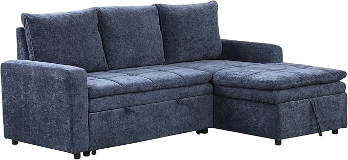 89'' L Shaped Upholstered Convertible Sleeper Sectional Sofa with Storage Chaise and Pull-Out Bed, 3-Seat Reversible Corner Couches for Living Rooms, Offices, Apartment, Blue, 89 Inch - LeafyLoom