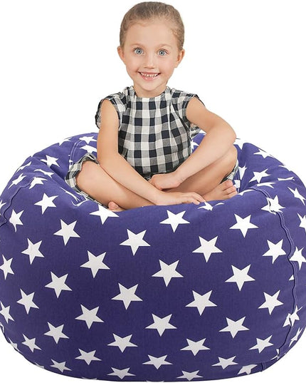 Aubliss Stuffed Animal Storage Bean Bag Chair Cover (No Beans)，Stuff and Sit Storage Bean Bag for Kids Toy Storage, Large 38"-Canvas Stars Royal Blue - LeafyLoom