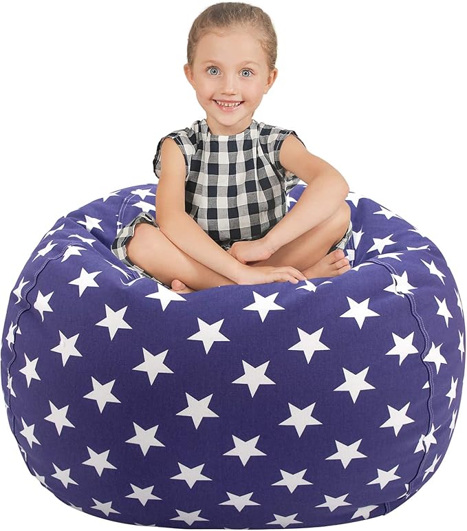 Aubliss Stuffed Animal Storage Bean Bag Chair Cover (No Beans)，Stuff and Sit Storage Bean Bag for Kids Toy Storage, Large 38"-Canvas Stars Royal Blue - LeafyLoom