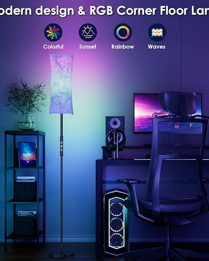 RGB Corner Floor Lamp - 67” Modern Tall Standing LED Light with Remote Touch Switch - 1800K-5500K Ambiance Color Changing Dimmable Floor Lamps for Living Room Bedroom Office Gaming Room New - LeafyLoom