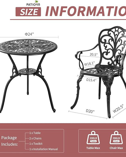 Bistro Table and Chairs Set of 2, Cast Aluminum Patio Furniture, Outdoor Bistro Set 3 Piece with Umbrella Hole for Balcony Porch Yard - LeafyLoom