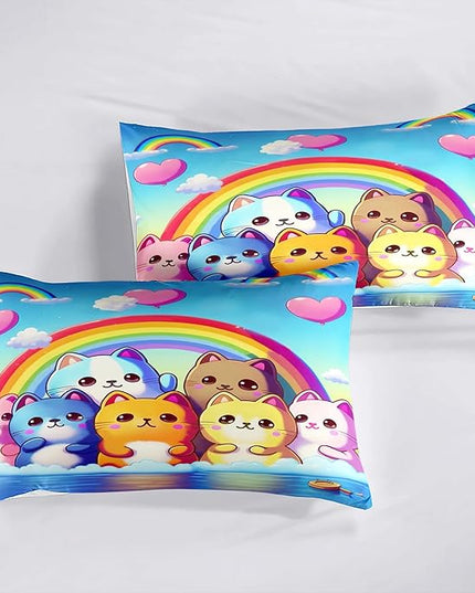 Rainbow Cat Comforter Full Size - Rainbow Cat Bedding for Girls Room Cute Cartoon Rainbow Bedding Full Comforter Sets for Kids, 1 Comforter+2 Pillowcases - LeafyLoom