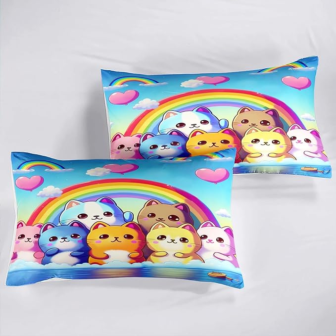 Rainbow Cat Comforter Full Size - Rainbow Cat Bedding for Girls Room Cute Cartoon Rainbow Bedding Full Comforter Sets for Kids, 1 Comforter+2 Pillowcases - LeafyLoom