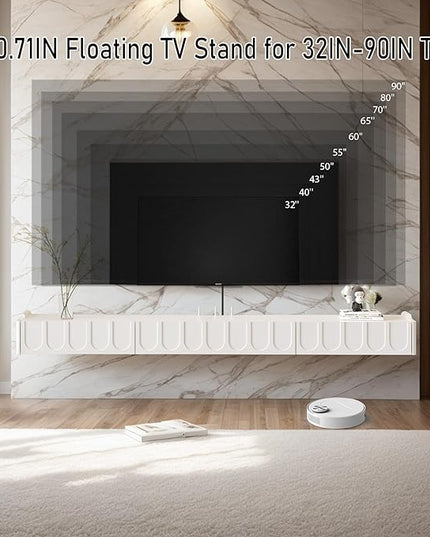 Floating TV Stand, 81'' High Gloss Wall Mounted TV Cabinet, Floating TV Shelves with Door & Drawers, Modern Entertainment Media Console Center Large Storage TV Bench for Living Room (White) - LeafyLoom