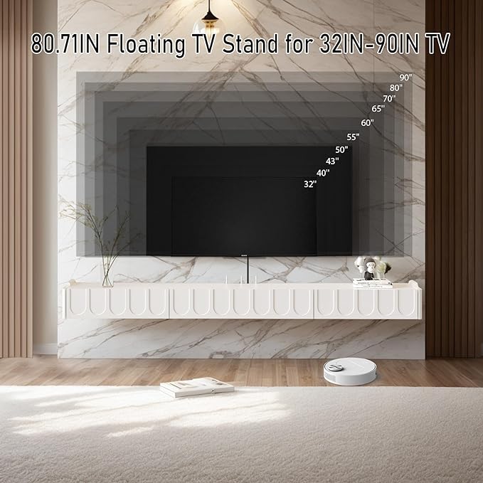 Floating TV Stand, 81'' High Gloss Wall Mounted TV Cabinet, Floating TV Shelves with Door & Drawers, Modern Entertainment Media Console Center Large Storage TV Bench for Living Room (White) - LeafyLoom
