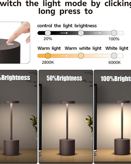 2Pack Cordless Table Lamp, Rechargeable LED Battery 5000mAh Metal USB Portable Powered Desk Lamp, 3 Levels Brightness Light for Restaurants Outdoor (2pack 10.25in ferrugino) - LeafyLoom