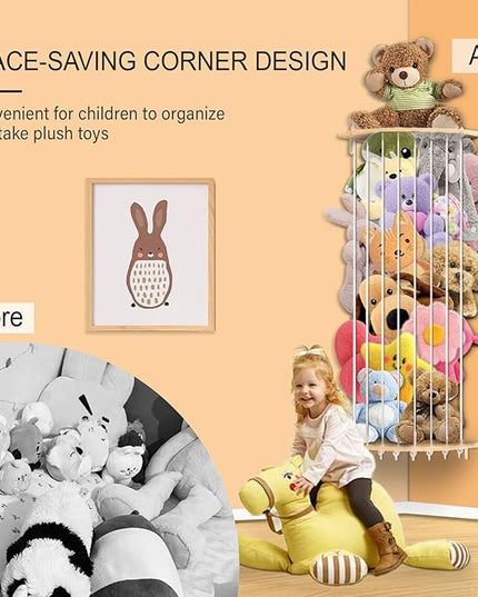 Corner Stuffed Animal Storage Wood Plush Toys Hanging Organizer Length Adjustable Stuffed Animal Holder with Moon Star Pattern Kids Toy Shelf Large Toy Storage for Nursery Playroom Bedroom Furniture - LeafyLoom