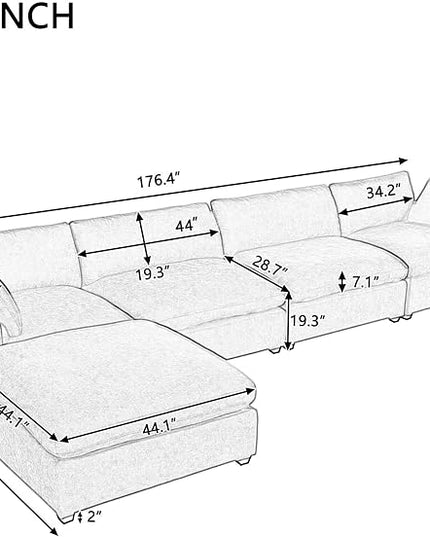 176.4 inch Oversized Sectional Sofa with Removable Ottoman, 5-Seater L Shaped Modular Corner Couch for Living Room, Office, Spacious Space, Beige - LeafyLoom