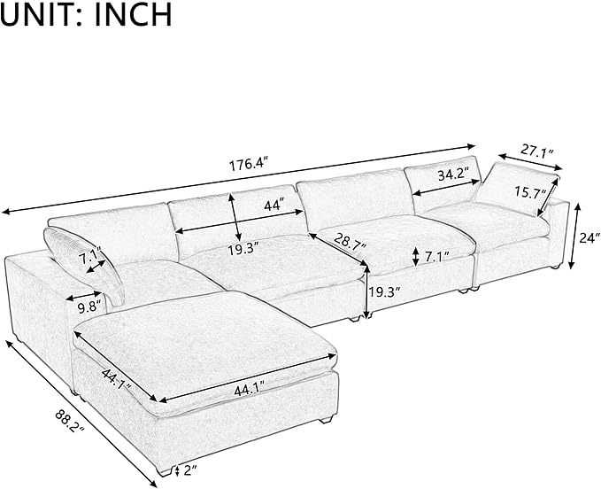 176.4 inch Oversized Sectional Sofa with Removable Ottoman, 5-Seater L Shaped Modular Corner Couch for Living Room, Office, Spacious Space, Grey - LeafyLoom