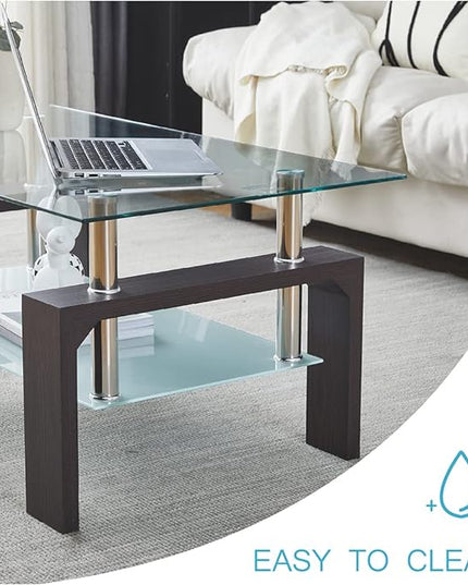 Walnut Rectangular Coffee Table, 39.5in x 23.5in x 17.5in, Glass Tabletop with Lower Shelf, Adjustable Bottom Corners - LeafyLoom