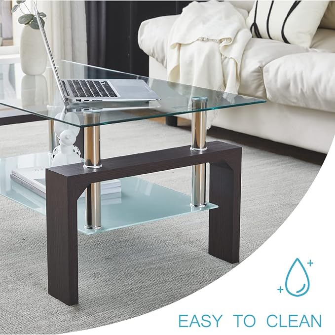 Walnut Rectangular Coffee Table, 39.5in x 23.5in x 17.5in, Glass Tabletop with Lower Shelf, Adjustable Bottom Corners - LeafyLoom