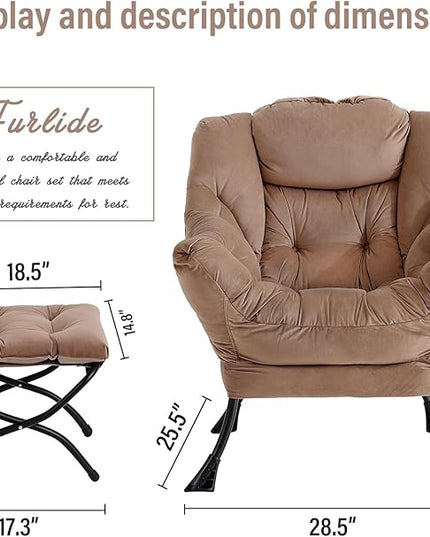 Lazy Chair with Ottoman, Modern Chair with Folding Footrest, Lounge Accent Chair, Comfortable Reading Chair, Oversized Armchairs for Bedroom, Study, Living Room, Courtyard (Khaki) - LeafyLoom