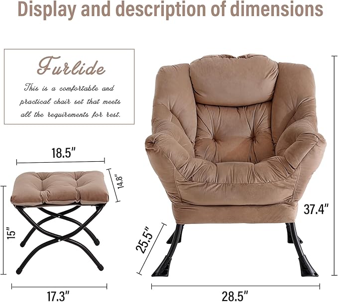 Lazy Chair with Ottoman, Modern Chair with Folding Footrest, Lounge Accent Chair, Comfortable Reading Chair, Oversized Armchairs for Bedroom, Study, Living Room, Courtyard (Khaki) - LeafyLoom