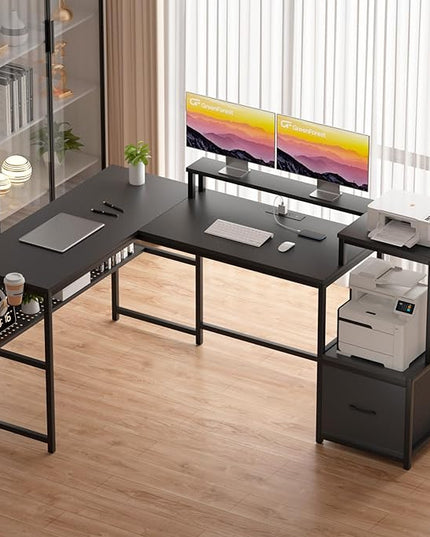 GreenForest 69 inch L Shaped Computer Desk with Drawers and Printer Stand, Gaming Desk with Power Outlet, Monitor Shelf, Storage Shelves and Hooks for Home Office Working, Writing, Studying, Black - LeafyLoom