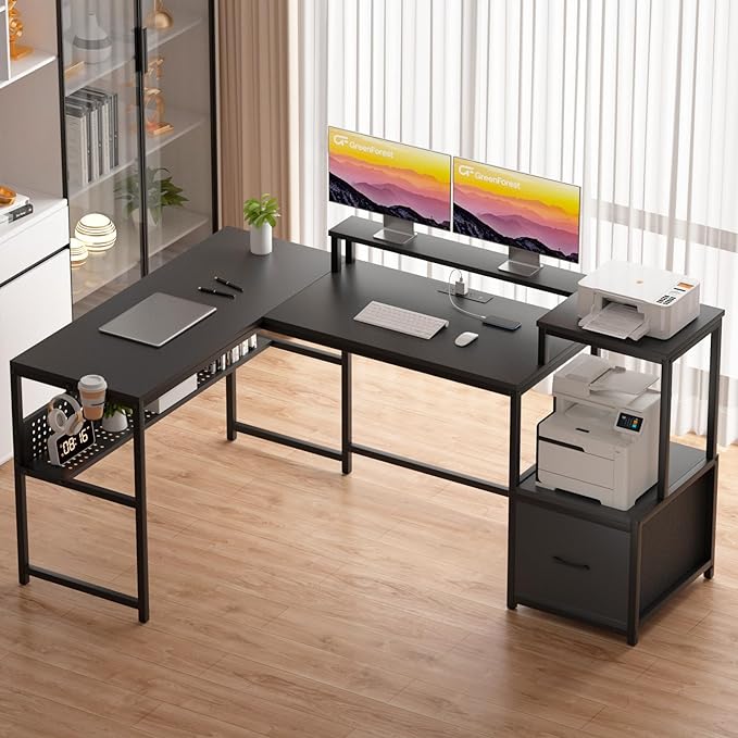 GreenForest 69 inch L Shaped Computer Desk with Drawers and Printer Stand, Gaming Desk with Power Outlet, Monitor Shelf, Storage Shelves and Hooks for Home Office Working, Writing, Studying, Black - LeafyLoom