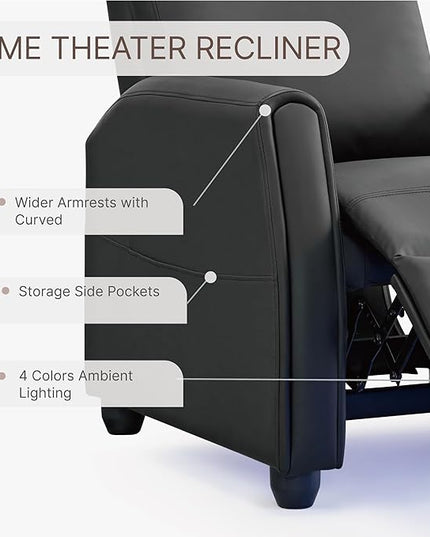Recliner Chair for Adults PU Leather Push Back Armchair with 4 Colors Ambient Lighting Home Theater Seating with Massage & Heat Vibration Single Sofa for Living Room, Black - LeafyLoom