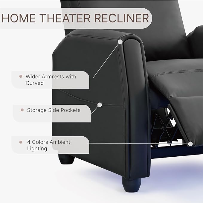 Recliner Chair for Adults PU Leather Push Back Armchair with 4 Colors Ambient Lighting Home Theater Seating with Massage & Heat Vibration Single Sofa for Living Room, Black - LeafyLoom