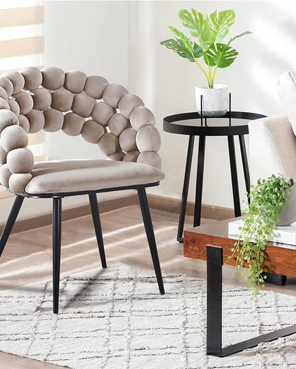 White Woven Velvet Barrel Accent Chairs with Black Metal Legs, Upholstered Armchair for Dining Room Vanity Living Room - LeafyLoom