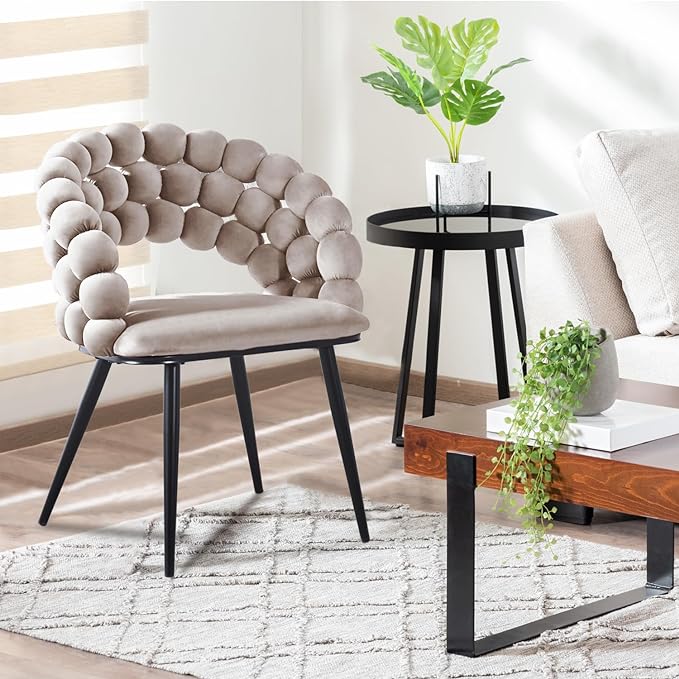White Woven Velvet Barrel Accent Chairs with Black Metal Legs, Upholstered Armchair for Dining Room Vanity Living Room - LeafyLoom