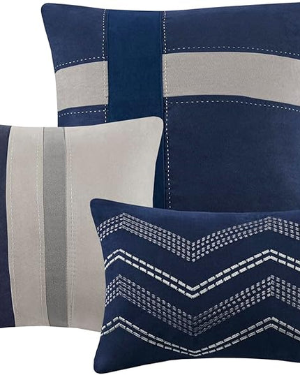 Madison Park Palisades Comforter Set Modern Faux Suede Pieced Stripe Design, All Season Down Alternative Cozy Bedding with Matching Shams, Decorative Pillows, Cal King(104"x92"), Blue 7 Piece - LeafyLoom