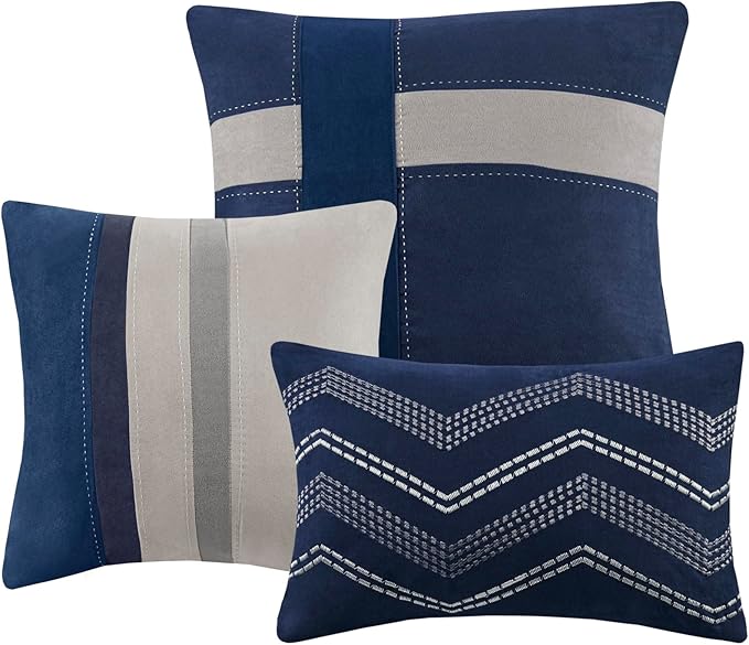 Madison Park Palisades Comforter Set Modern Faux Suede Pieced Stripe Design, All Season Down Alternative Cozy Bedding with Matching Shams, Decorative Pillows, King(104"x92"), Blue 7 Piece - LeafyLoom