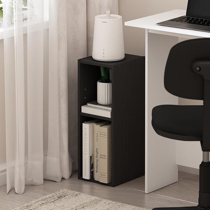 Furinno Fulda 2-Tier Space Saving Storage Shelf Bookcase, 8-Inch Width, Blackwood - LeafyLoom