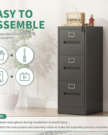 3 Drawer File Cabinet,Metal Filing Cabinets with Lock,Black Vertical File Cabinet for Home Office,Heavy Duty Metal Storage Cabinet for A4/Letter/Legal Size File,Assembly Required - LeafyLoom