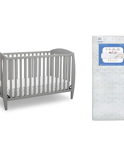 Delta Children Twinkle 4-in-1 Convertible Baby Crib, Sustainable New Zealand Wood, Grey and Delta Children Twinkle Galaxy Dual Sided Recycled Fiber Core Crib and Toddler Mattress (Bundle) - LeafyLoom