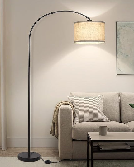 Arc Floor Lamps for Living Room, Modern Standing Lamp with Adjustable Hanging Drum Shade, Tall Pole Lamp with Foot Switch, Over Couch Arched Reading Light for Bedroom, Office (Black) - LeafyLoom