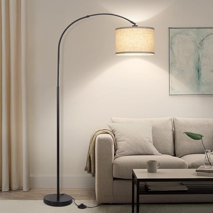 Arc Floor Lamps for Living Room, Modern Standing Lamp with Adjustable Hanging Drum Shade, Tall Pole Lamp with Foot Switch, Over Couch Arched Reading Light for Bedroom, Office (Black) - LeafyLoom