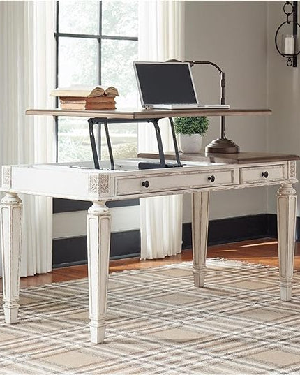 Signature Design by Ashley Realyn French Country 60" Home Office Lift Top Desk with USB Charging, Chipped White - LeafyLoom