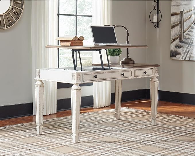 Signature Design by Ashley Realyn French Country 60" Home Office Lift Top Desk with USB Charging, Chipped White - LeafyLoom