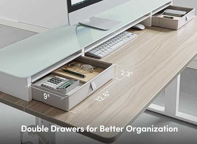 FEZIBO 48 x 24 Inch Height Adjustable Glass Electric Standing Desk with Double Drawer, Stand Up Desk with Storage Shelf, Sit Stand Desk, Light Walnut - LeafyLoom