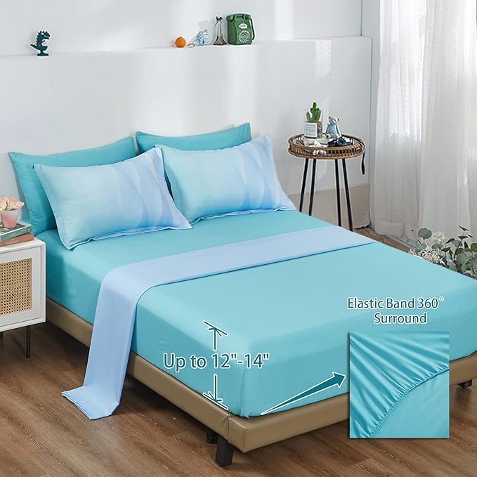 Girls Comforter Set Queen Size Colorful Ombre Blue Yellow Rainbow Bedding Set 7 Pieces Bed in A Bag for Teen Girls Women(1 Comforter, 1 Flat Sheet, 1 Fitted Sheet, 2 Pillow sham, 2 Pillowcases) - LeafyLoom
